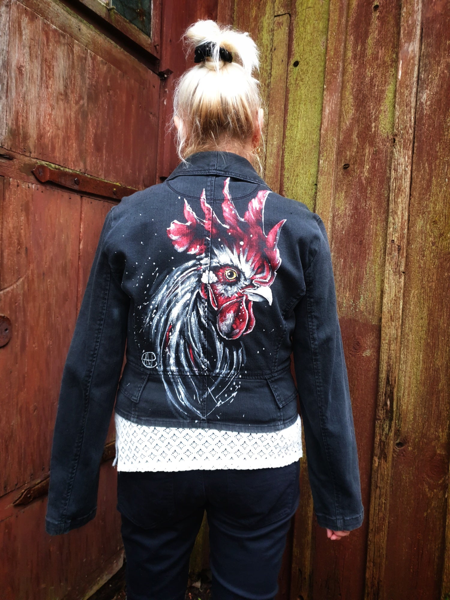 Back view of Battle Rooster jacket featuring bold hand-painted rooster artwork.