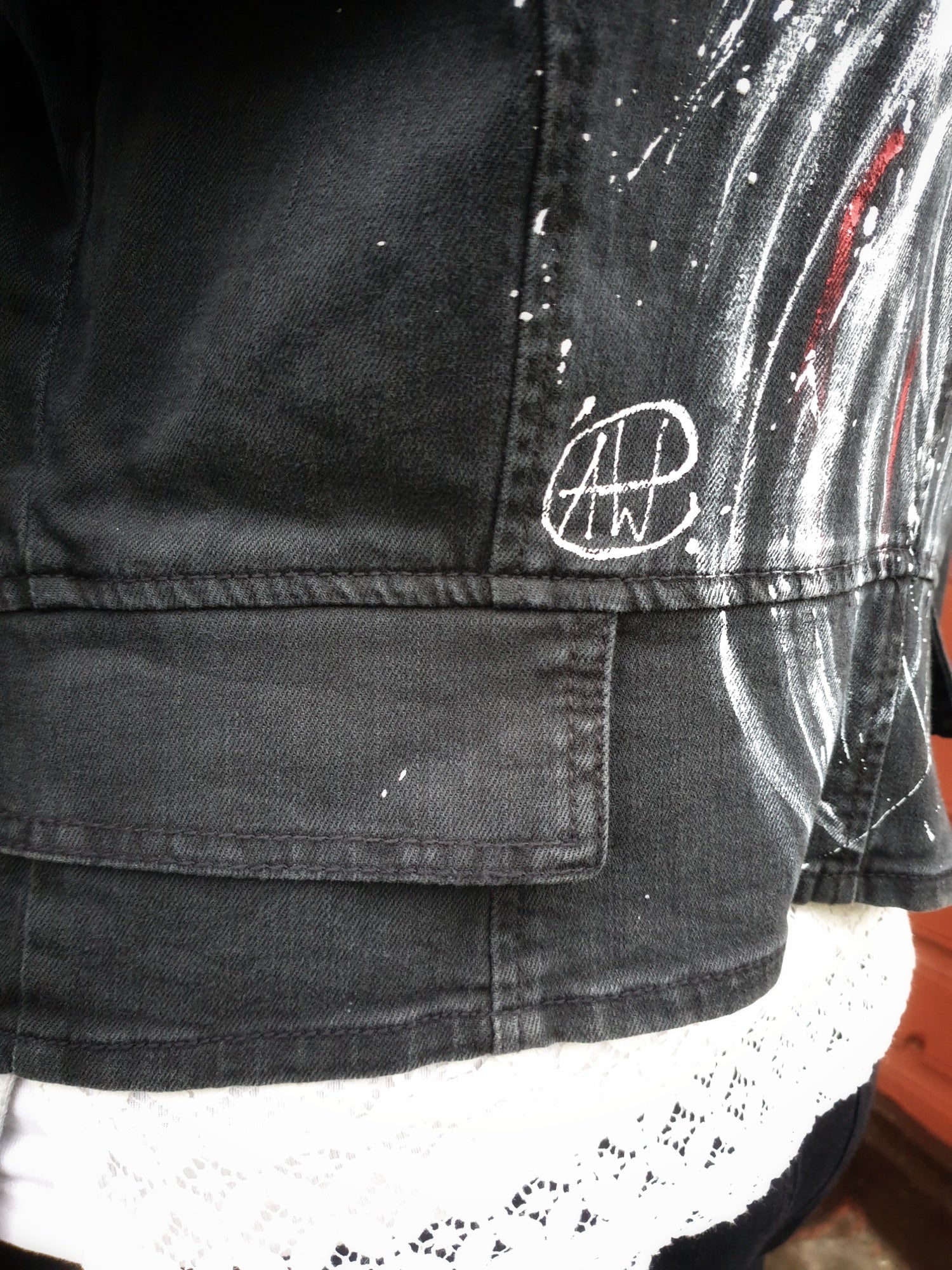 Close-up detail of the painted rooster on the upcycled denim jacket.2