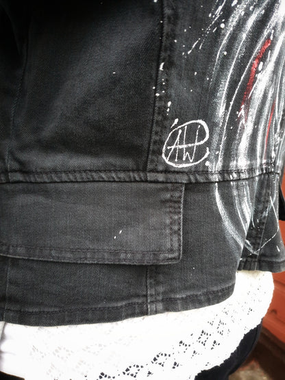 Close-up detail of the painted rooster on the upcycled denim jacket.2