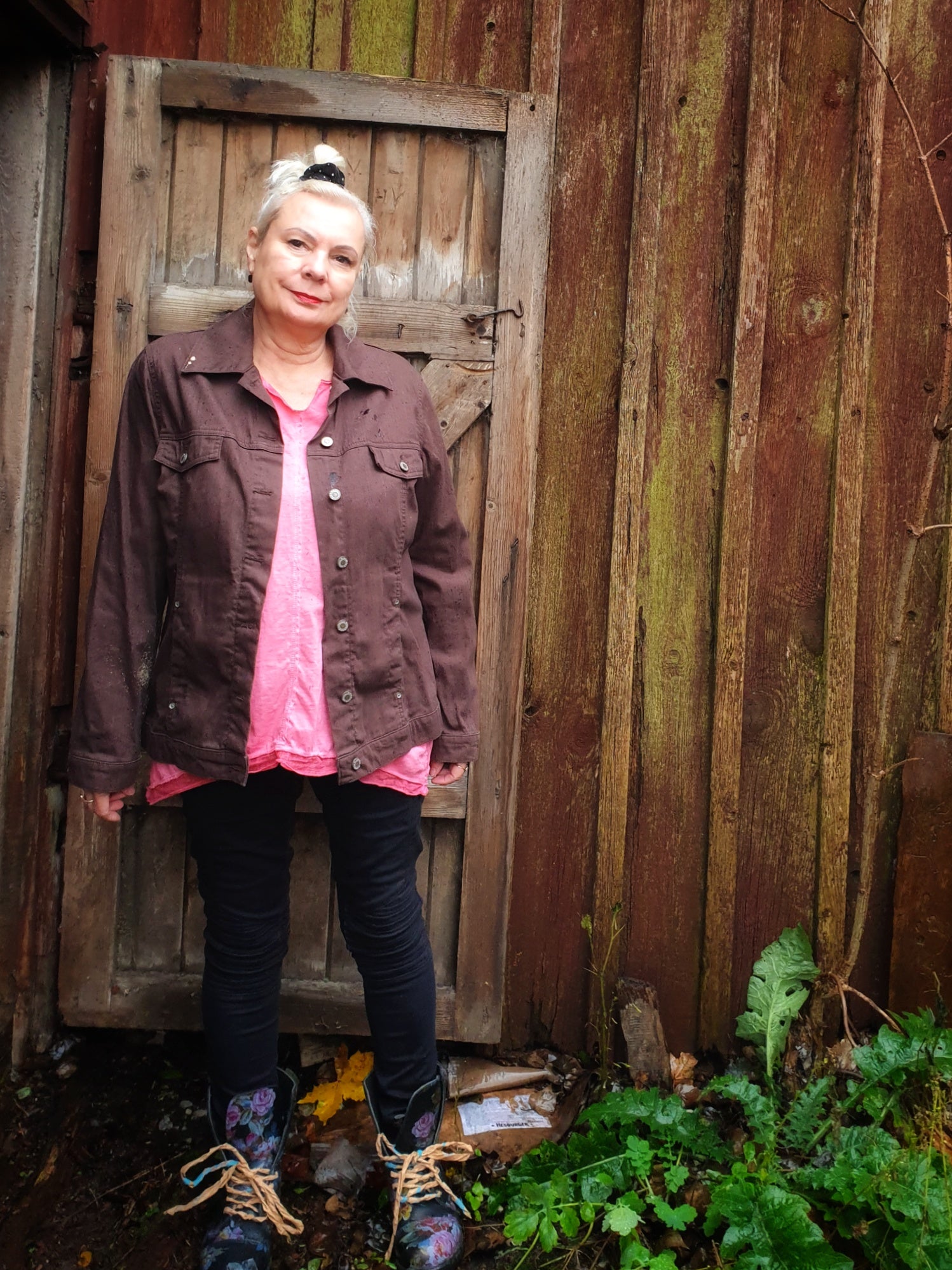 Front view of “Flowery Fox” hand-painted brown cotton jacket