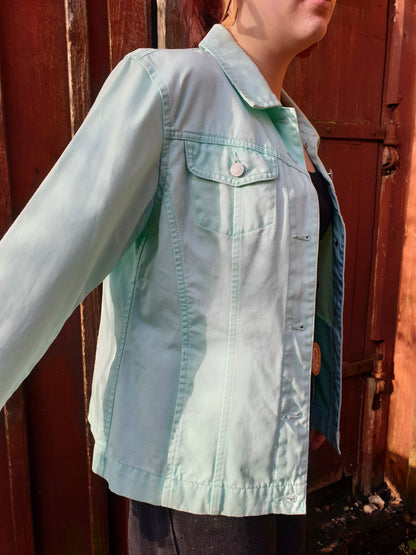 Side view of the model wearing the jacket outdoors, showing fit and sleeve detail.