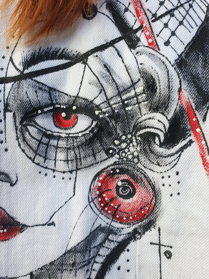 Close-up of the painted portrait in red and black tones with geometric details.