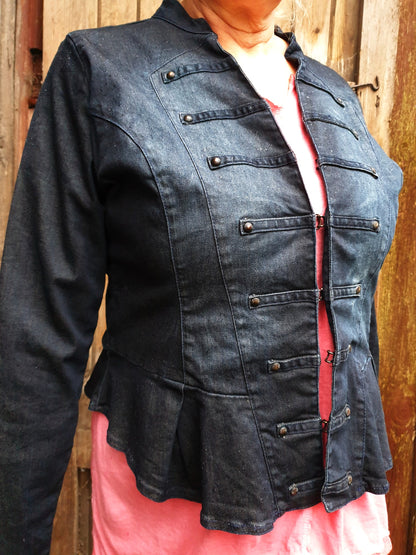 Model wearing the jacket from the front showing the structured design and flattering fit.