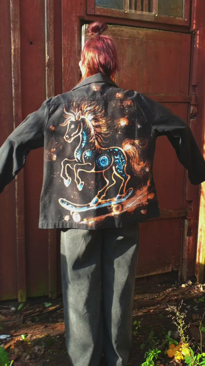 Detail of the horse artwork created using bleach, white, and blue textile paints. Model view