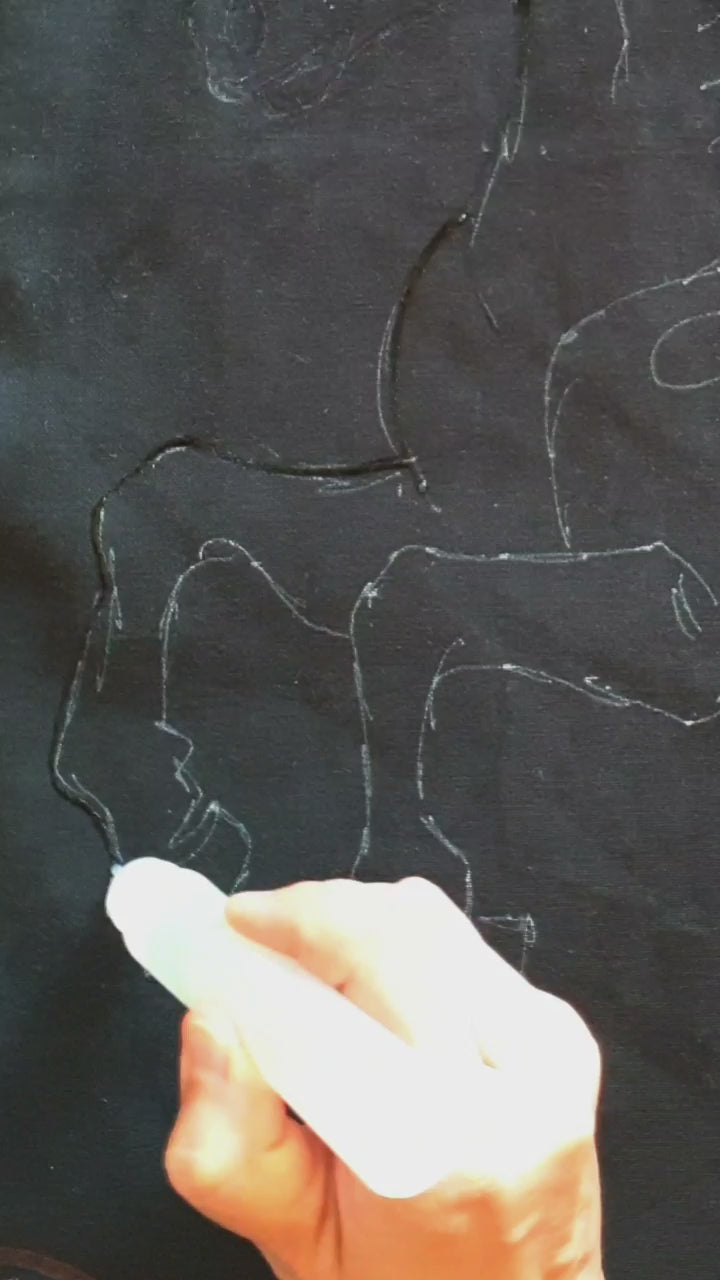 Detail of the horse artwork created using bleach, white, and blue textile paints.