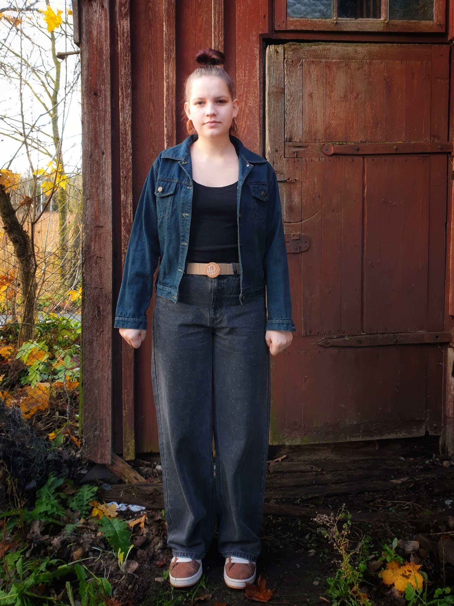 Hand-painted upcycled denim jacket with frog astronaut artwork – front view wearable art by Hele Artwear.